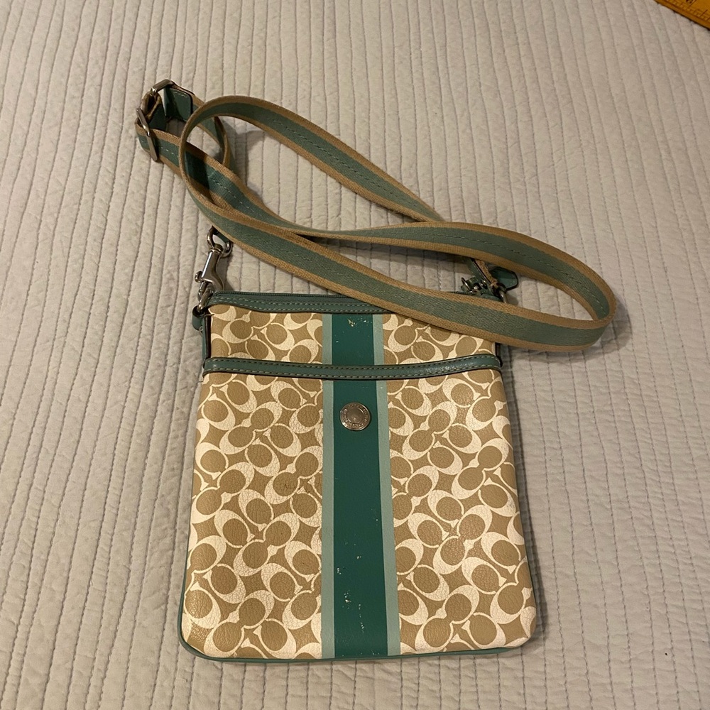 Coach Tan, Aqua on white Crossbody Bag